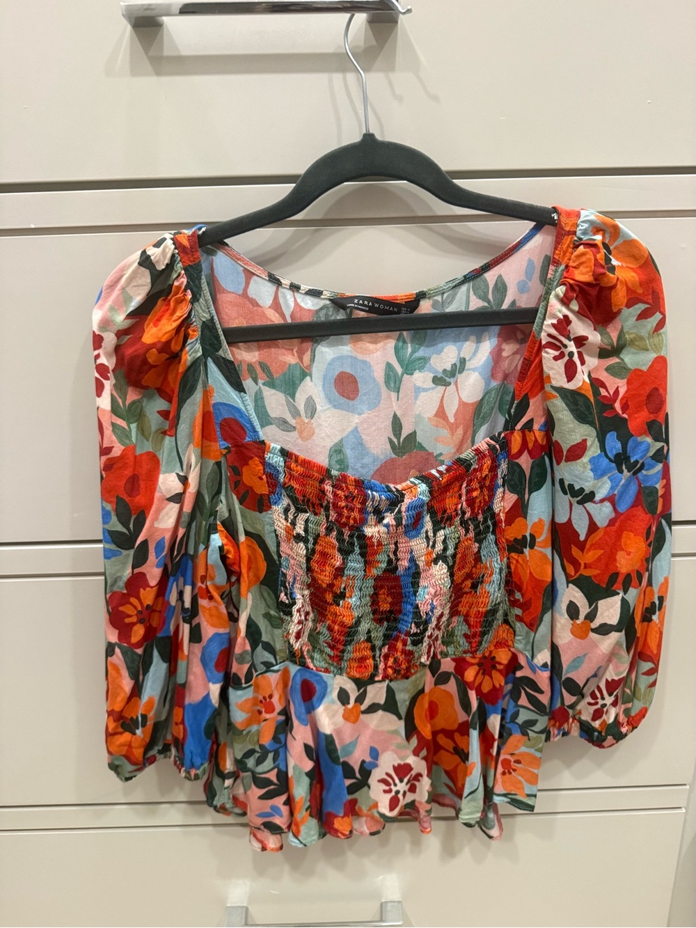 Zara Floral Smocked Peasant Top - Red, Orange, Blue, Green